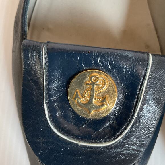 Pappagallo Flats Vintage Navy Blue Leather8.5M Made in Spain Gold Anchor Loafer - Picture 14 of 14